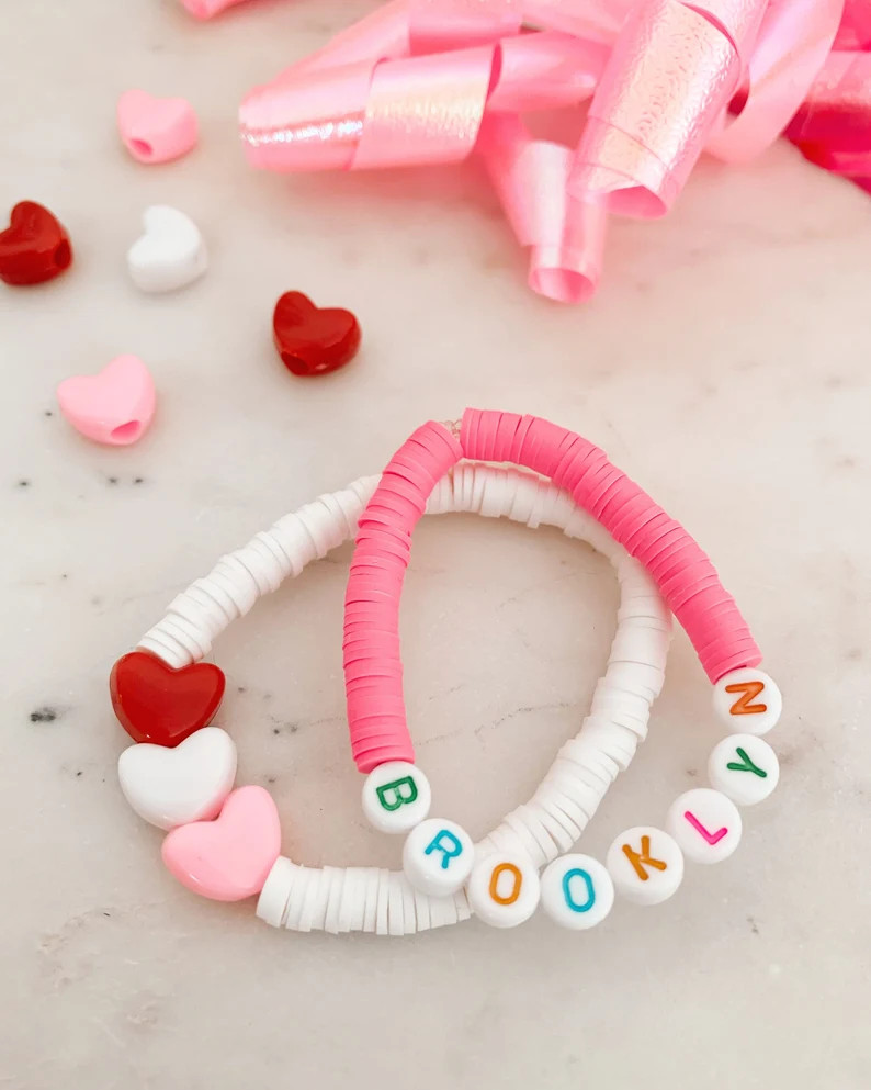 KIDS Valentines Day Triple Heart Bracelets Personalized Beaded Name Bracelets Kids Bracelets Vale... | Etsy (US)
