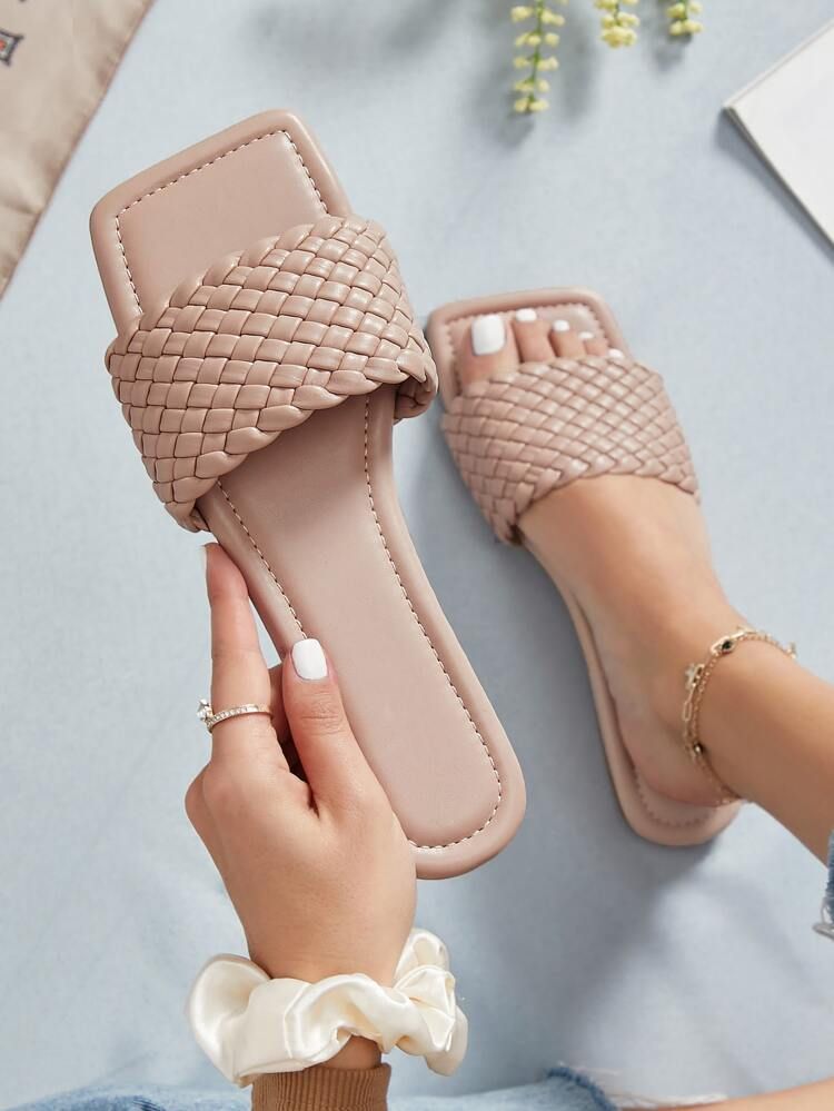 Braided Vamp Square Toe Faux Leather Sandals | SHEIN