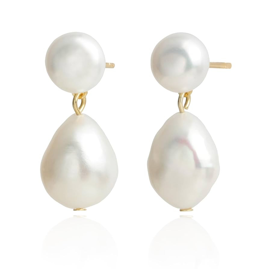 Handmade Freshwater Cultured White Baroque Pearl Dangling Drop Earrings for Women, 14K Gold Plate... | Amazon (US)