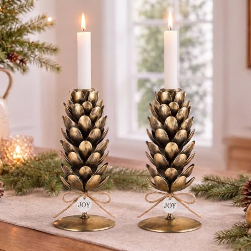 Pinkunn 2 Pcs 7" Christmas Pinecone Taper Candle Holders Iron Rustic Decor | Amazon (US)