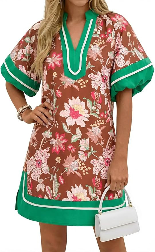 Wenrine Womens Summer Puff Sleeve Casual V Neck Mini Boho Floral Dresses | Amazon (US)