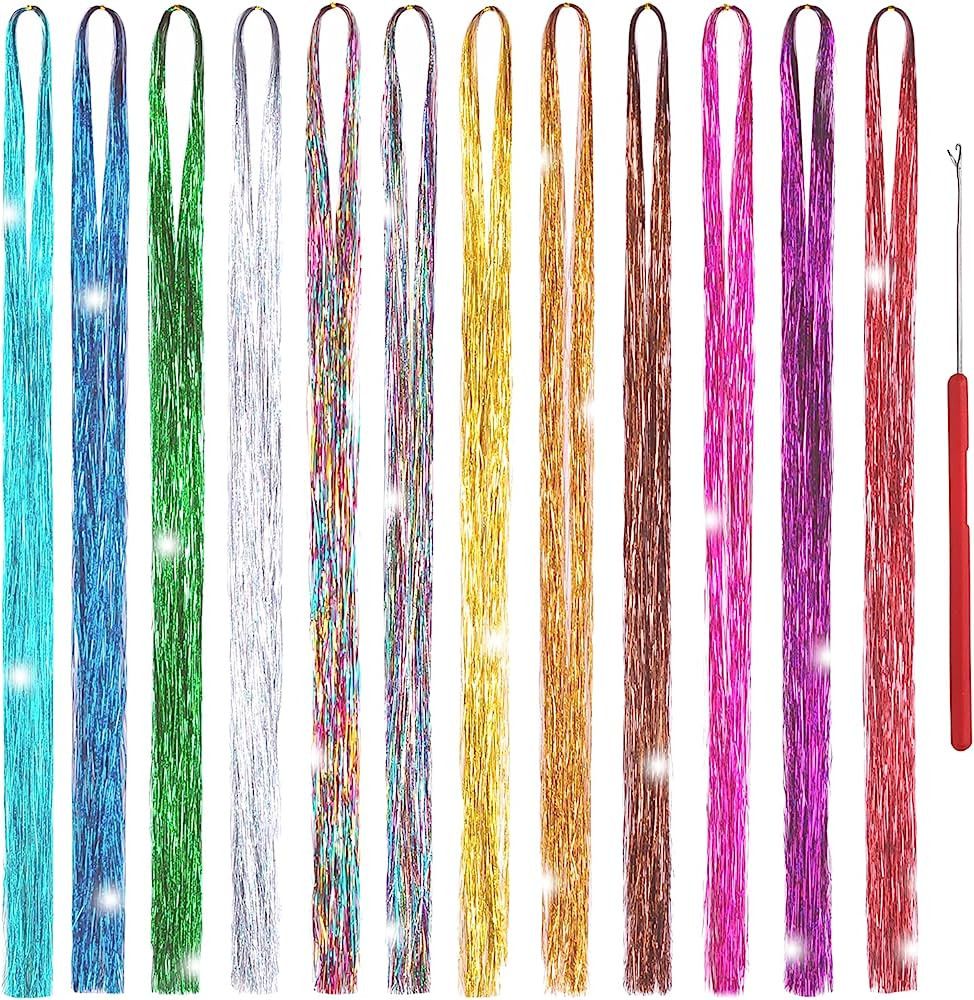 Hair Tinsel Strands Kit 47 Inches 12 Colors 2400 Strands Sparkling Party Tinsel Hair Extensions H... | Amazon (US)