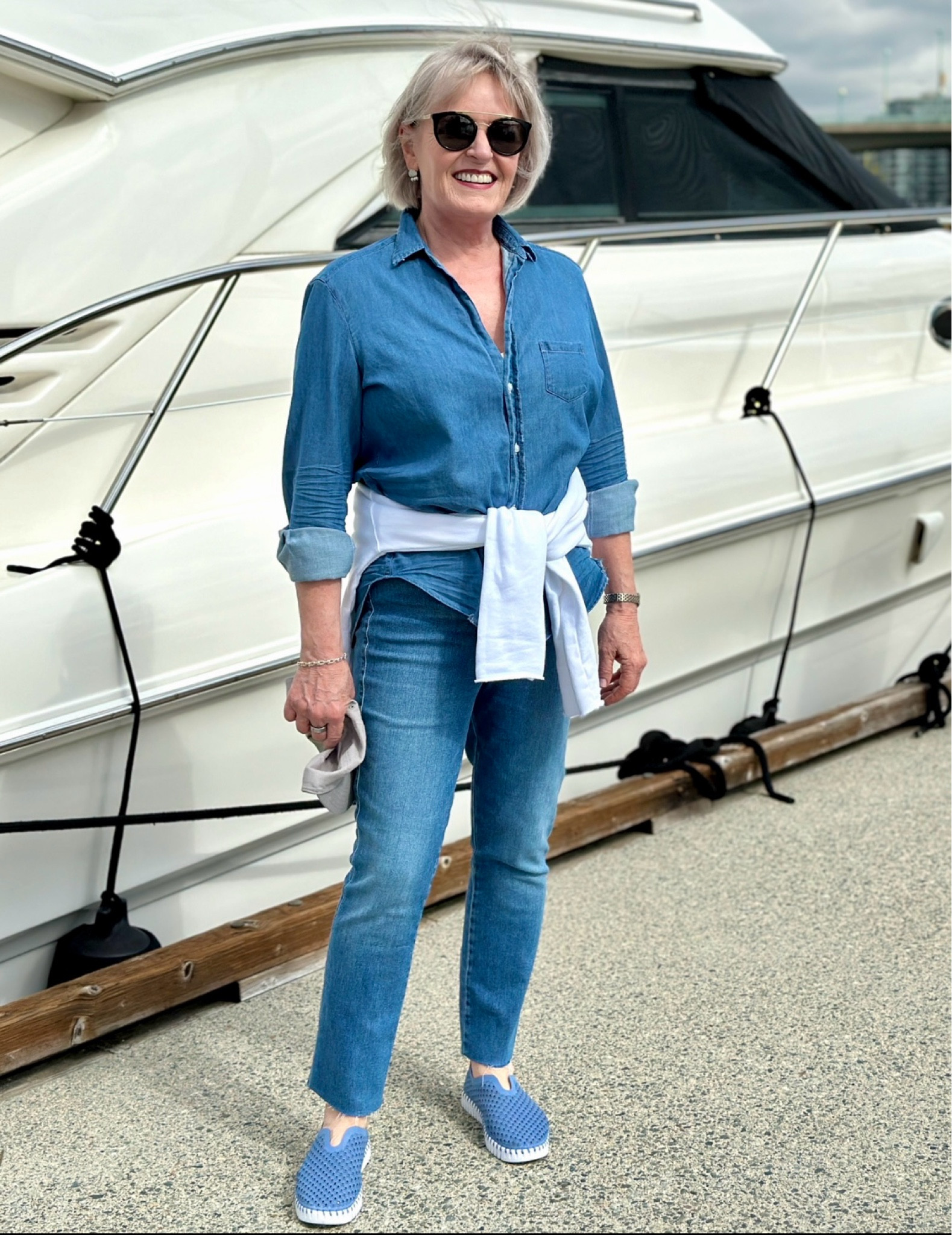 Double denim for our last sail of the summer. These pants are beyond comfortable and will be a huge part of my fall wardrobe too! 
Wearing Eileen denim shirt in S
Derry Illusion slim jean in 29

#LTKOver40 #LTKTravel #LTKStyleTip