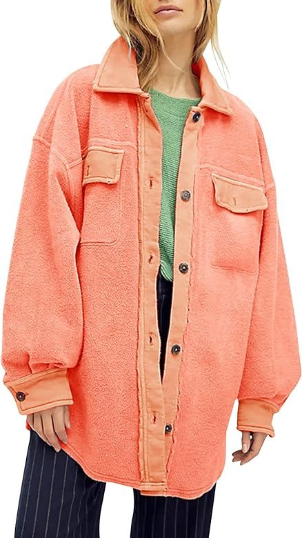Womens Oversized Long Sleeve Button Down Shirt Jacket Soft Comfy Casual Shacket Coats with Pockets | Amazon (US)
