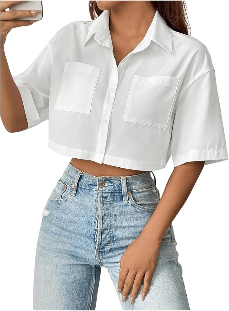 WDIRARA Women's Button Down Shirts Short Sleeve Collared Loose Blouse Casual Crop Tops | Amazon (US)
