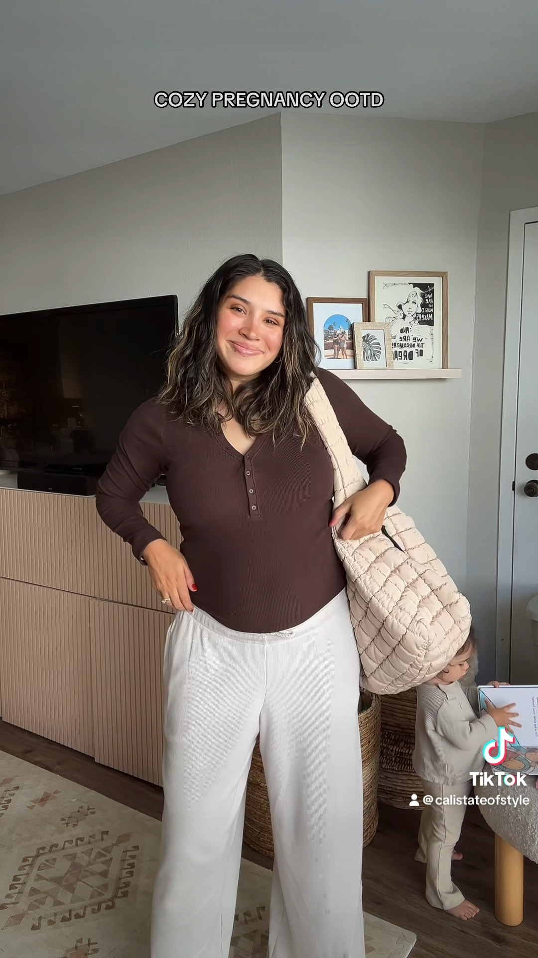 Pregnancy outfit, fall cozy style, waffle knit cozy pants, long sleeve thermal, quilted bag

#LTKSeasonal #LTKBump