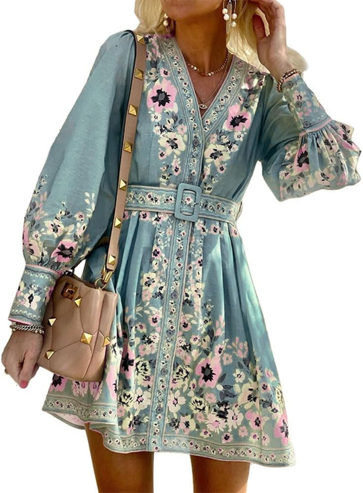 Melliflo Women's Boho Floral Print Mini Dress Long Lantern Sleeve Button Down Dresses V Neck Loos... | Amazon (US)