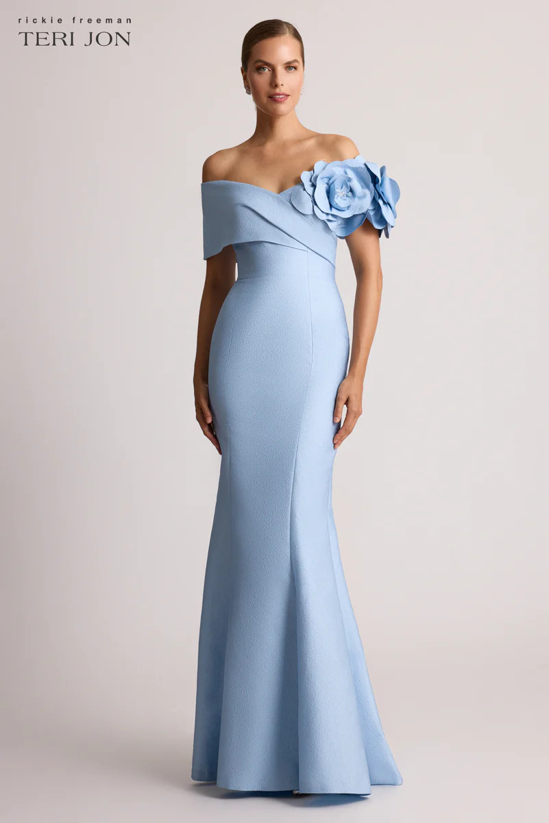 Pebble Jacquard 3D Flower Off The Shoulder Gown | TERIJON