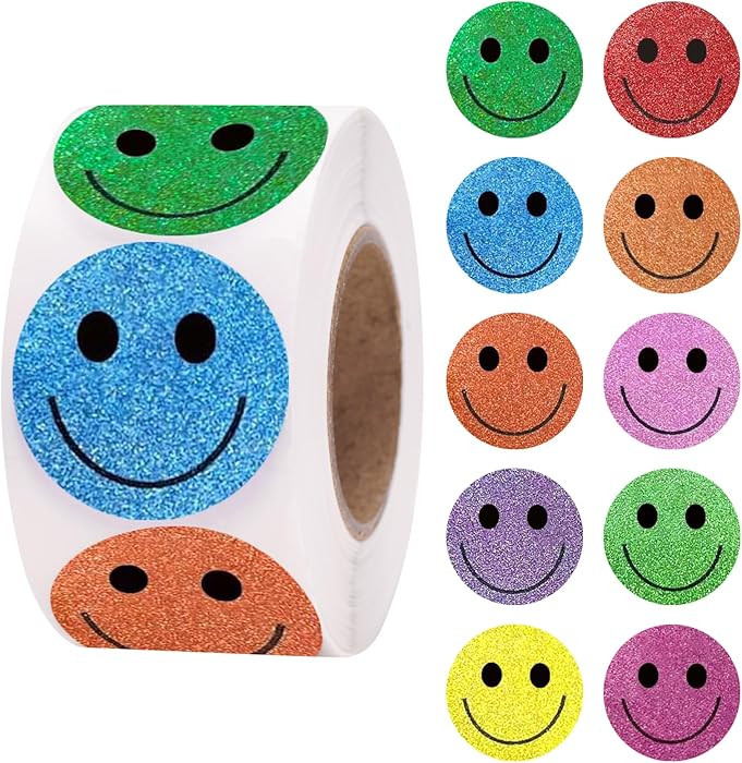 Anwyll Smiley Face Stickers - Happy Face Stickers 500Pcs 1Inch Glitter Smiley Sticker Roll Cute R... | Amazon (US)