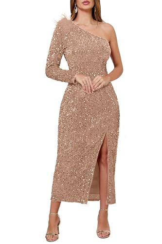 VERWIN Women's Sequins Dress One Shoulder Bodycon Oblique Collar Maxi Dress Sparkly Spilt Wrap Co... | Amazon (US)