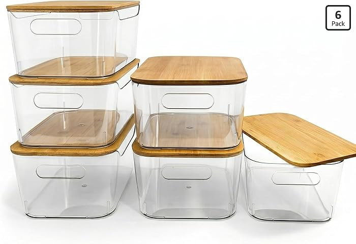 CiWiVOKi 6 Pack Clear Stackable Storage Bins with Bamboo Lids, 3.7L BPA-Free Plastic Organizer Co... | Amazon (US)