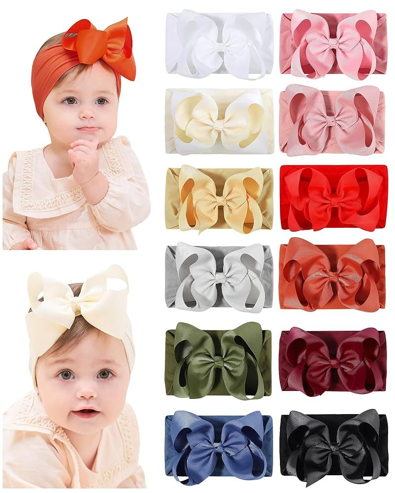 doboi Baby Girl Headband - 12pcs Nylon Hair Accessories with Big Ribbon Bows, Soft Lightweight He... | Amazon (US)