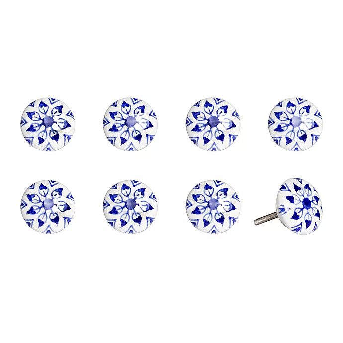 Knob-It Vintage Hand Painted 8-Pack Ceramic Knob Set in White/Blue Petals | Bed Bath & Beyond