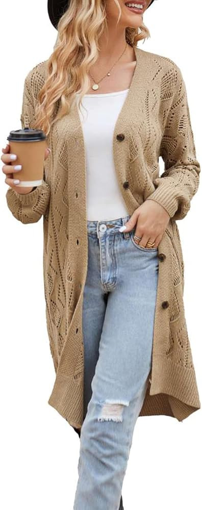 Amazon.com: Long Sleeve Cardigan Sweater Open Front Long Knit Cardigan Casual Winter Sweater Ligh... | Amazon (US)