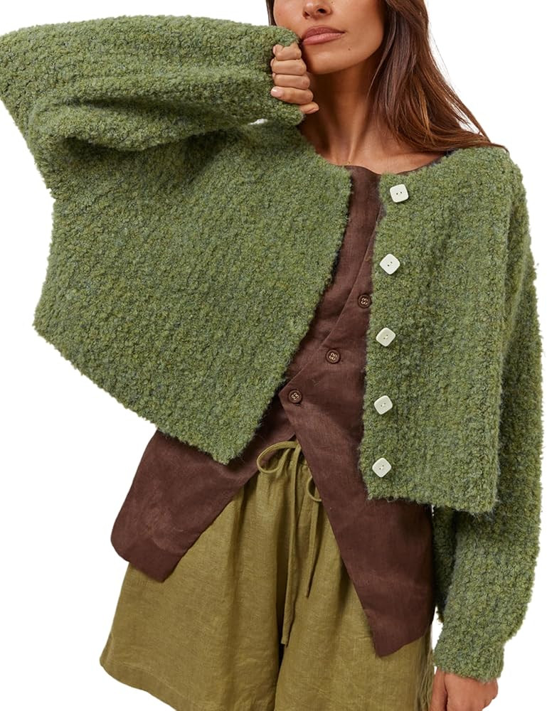 Lviefent Women Knit Cardigans Fluffy Casual Open Front Button Down Long Sleeve Cropped Sweater Ja... | Amazon (US)