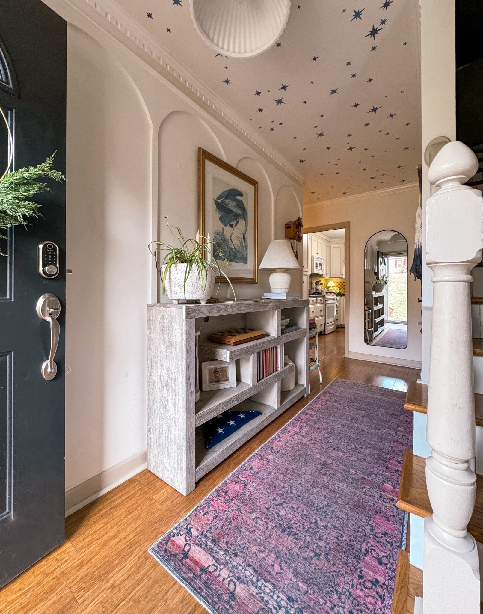 Entryway sourcing. Ceiling is a stencil. Table is Living Spaces. 
Heron was vintage find but found some framed or canvas. Anthro rug Walmart mirror 

#LTKfamily #LTKhome #LTKstyletip