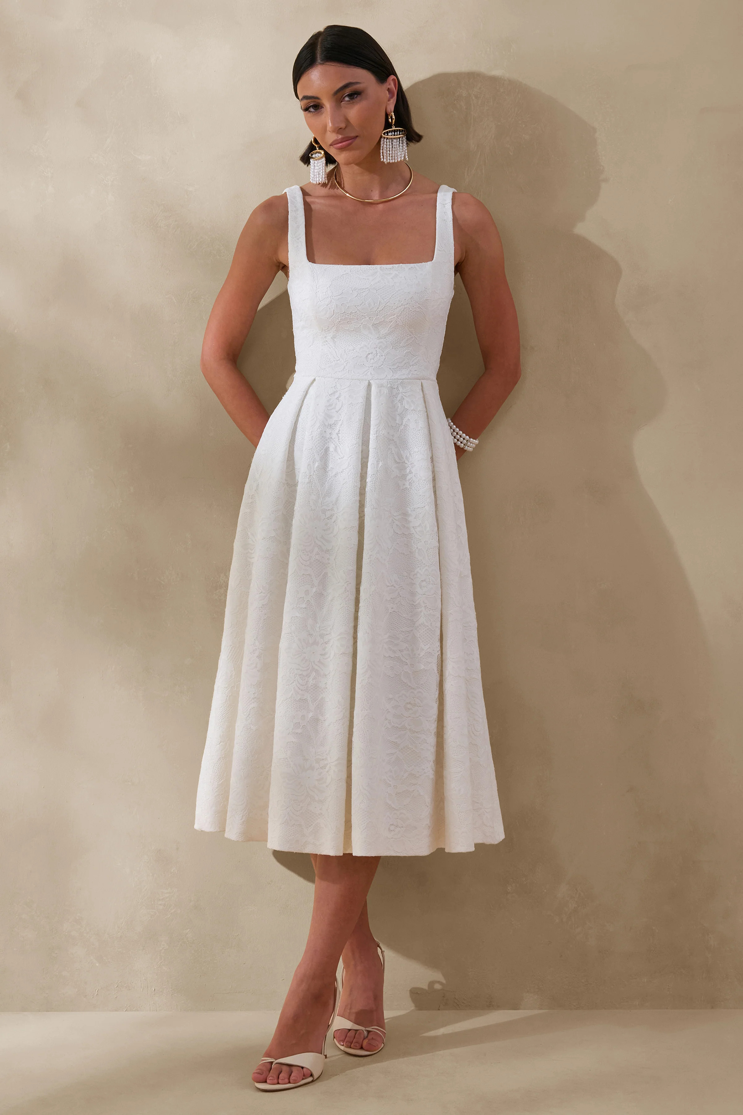 Ashmara | White Lace Square-Neck Midi Dress | Club L London