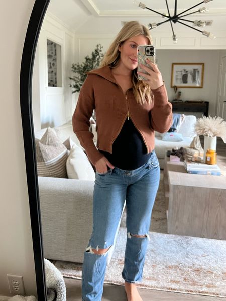 My first pair of maternity jeans! Bought a 27. Also love this double zipper cardigan! So chic I’m in a small. Copy code for 25% off these pieces! 

#LTKbump #LTKSale #LTKSeasonal