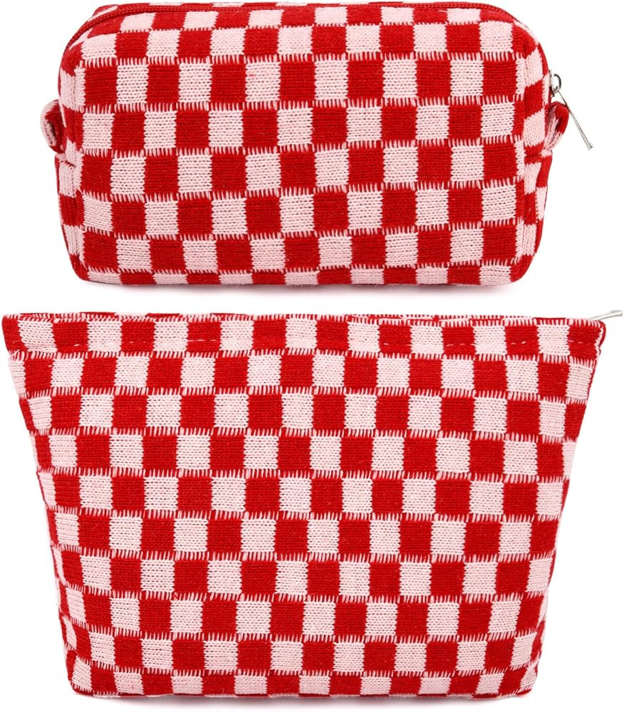 2 Pcs Checkered Makeup Bag Large Cosmetic Bag Toiletry Bag Makeup Pouch Travel Bag Organizer Cute... | Amazon (US)
