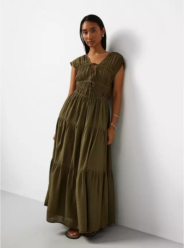 Buy Khaki Crinkle Texture Tiered Tie Front Midaxi Dress 22 | Midaxi | Tu | Tu Clothing