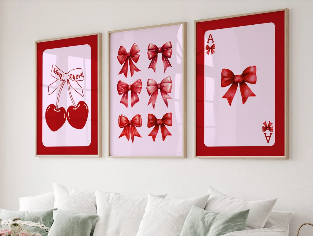 Trendy Red Bows Wall Art Set of 3, Preppy poster, College Apartment Decor, Watercolor Bows Print,... | Etsy (UK)