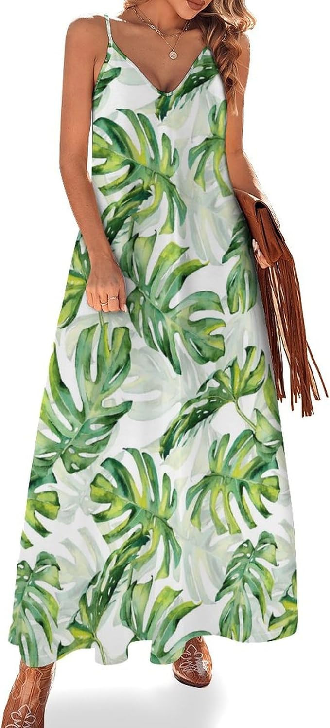 Watercolor Tropical Palm Leaves Women's Maxi Dress Casual Sexy Spaghetti Strap Sleeveless Beach L... | Amazon (US)