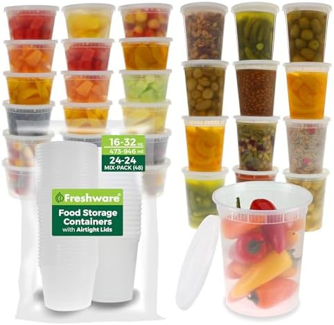 Freshware 48 Pack of 16 and 32 oz, 24 sets each size Food Storage Containers with Lids, Plastic D... | Amazon (US)