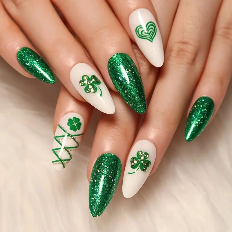 St. Patrick's Day Press Nails Medium Almond Fake Nails - Temu | Temu Affiliate Program