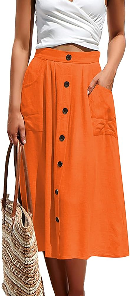 Naggoo Womens Summer Skirts Casual Front Button A-Line High Waisted Midi Skirt with Pockets | Amazon (US)