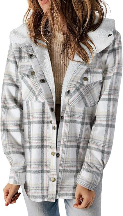 Dokotoo Womens Plaid Shacket Jacket Long Sleeve Button Down Fleece Hooded Jackets Warm Coat | Amazon (US)