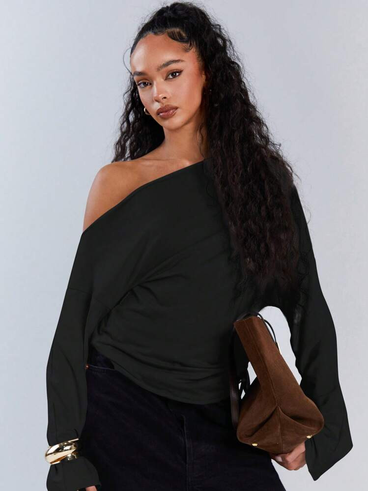 Athîral Women Casual Solid Asymmetric Collar Drawstring Top, Autumn | SHEIN