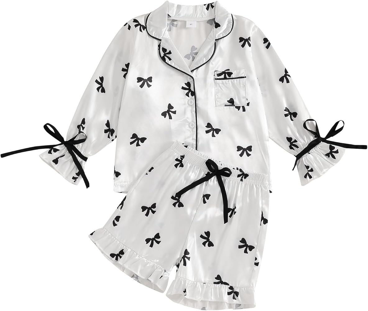 Qiylii Children Girls Satin Pajamas Soft Tie-Up Bowknot Ruffle Trim Silk Pajamas Kids Button-On P... | Amazon (US)
