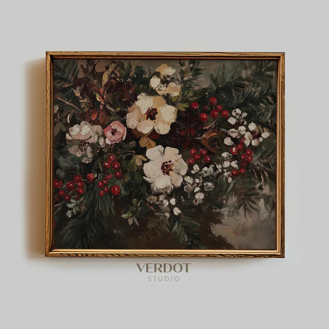 Winter Flower Print Christmas Decor, Vintage Printable Wall Art, Dark Moody Winter Floral Bouquet... | Etsy (US)