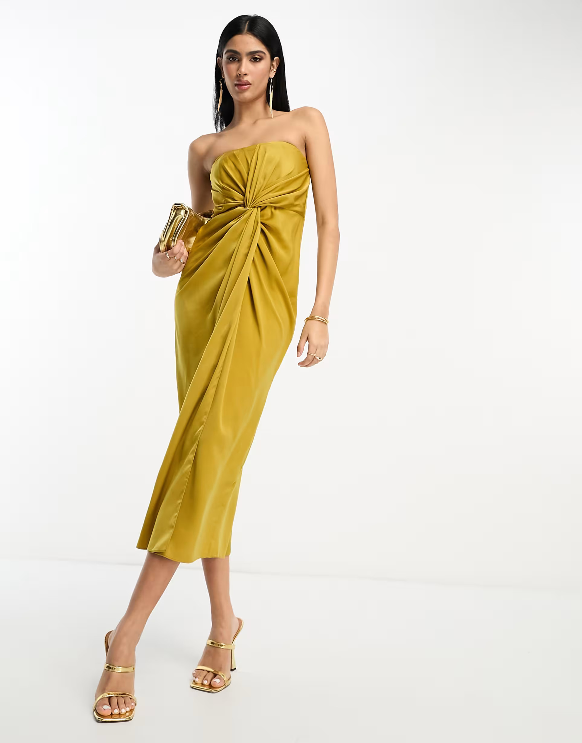 ASOS DESIGN satin bandeau twist front midi dress in gold | ASOS (Global)