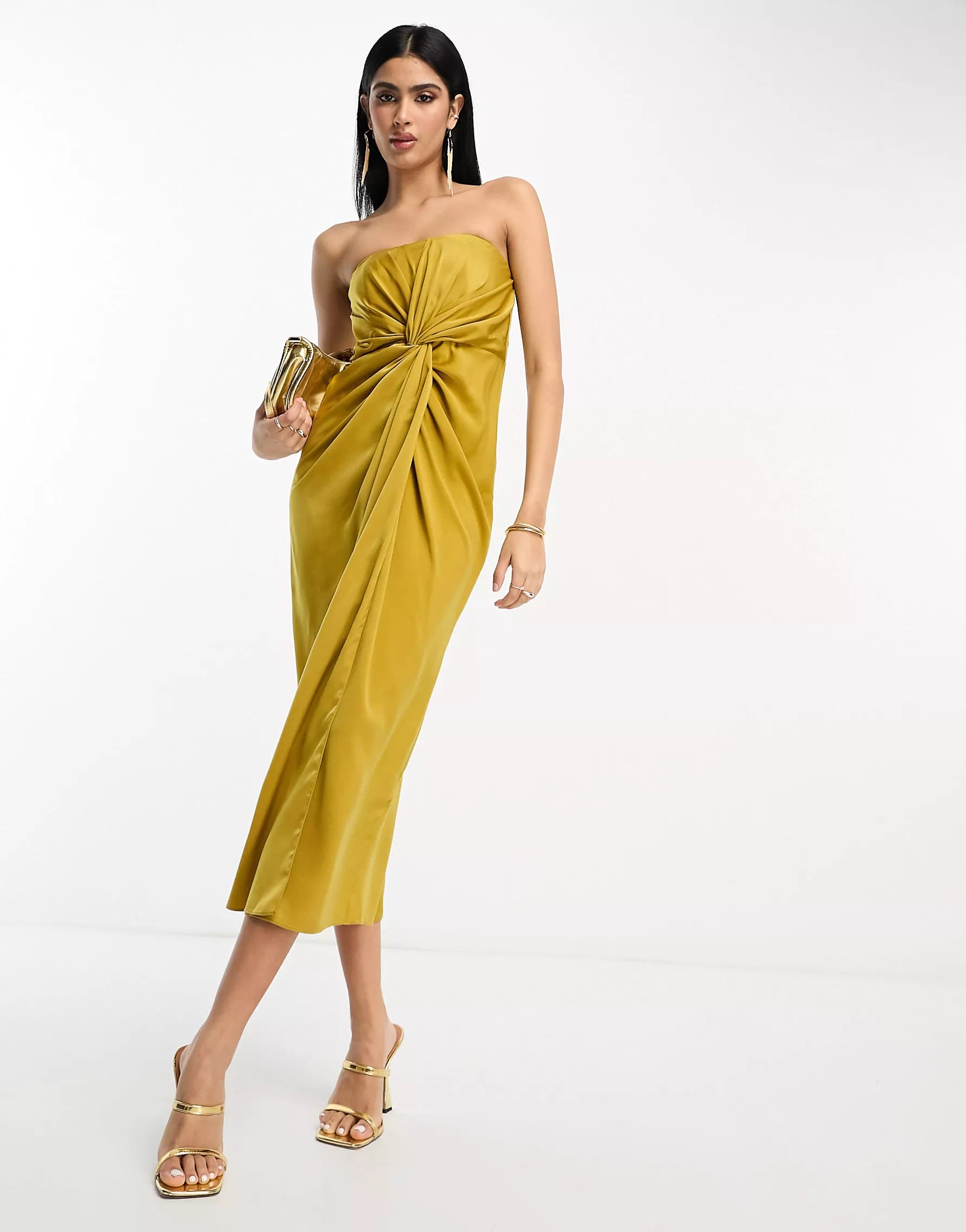 ASOS DESIGN satin bandeau twist front midi dress in gold | ASOS (Global)