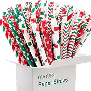 Paper Straws Christmas 100-Pack Biodegradable, 7.75 Inches, Stripe Paper Straws, Red, Green, Dot,... | Amazon (US)