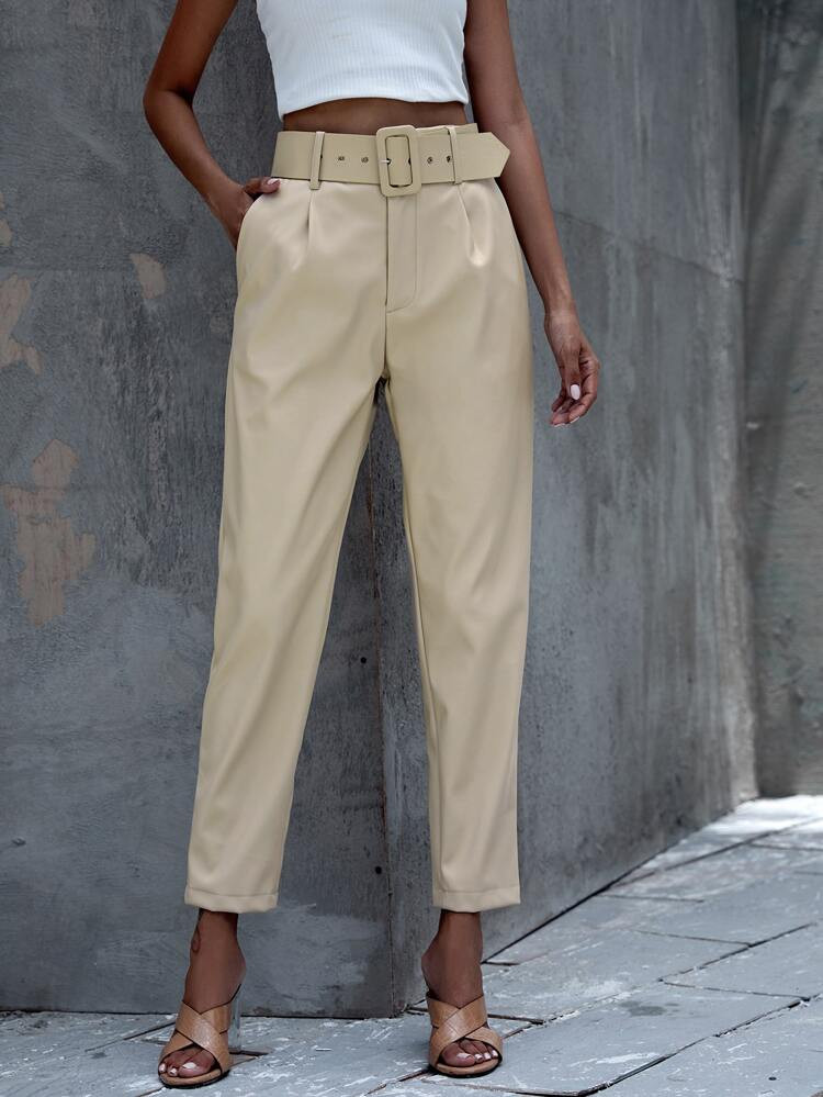 Solid Belted PU Leather Pants | SHEIN