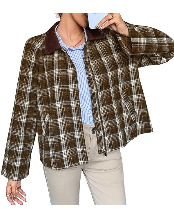 Tankaneo Womens Plaid Cropped Jackets Barn Lightweight Flannel Zip Up Utility Coat Casual Short J... | Amazon (US)