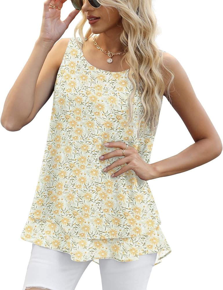 Jouica Women's Sleeveless Chiffon Tank Top Double Layers Casual Blouse Tunic | Amazon (US)