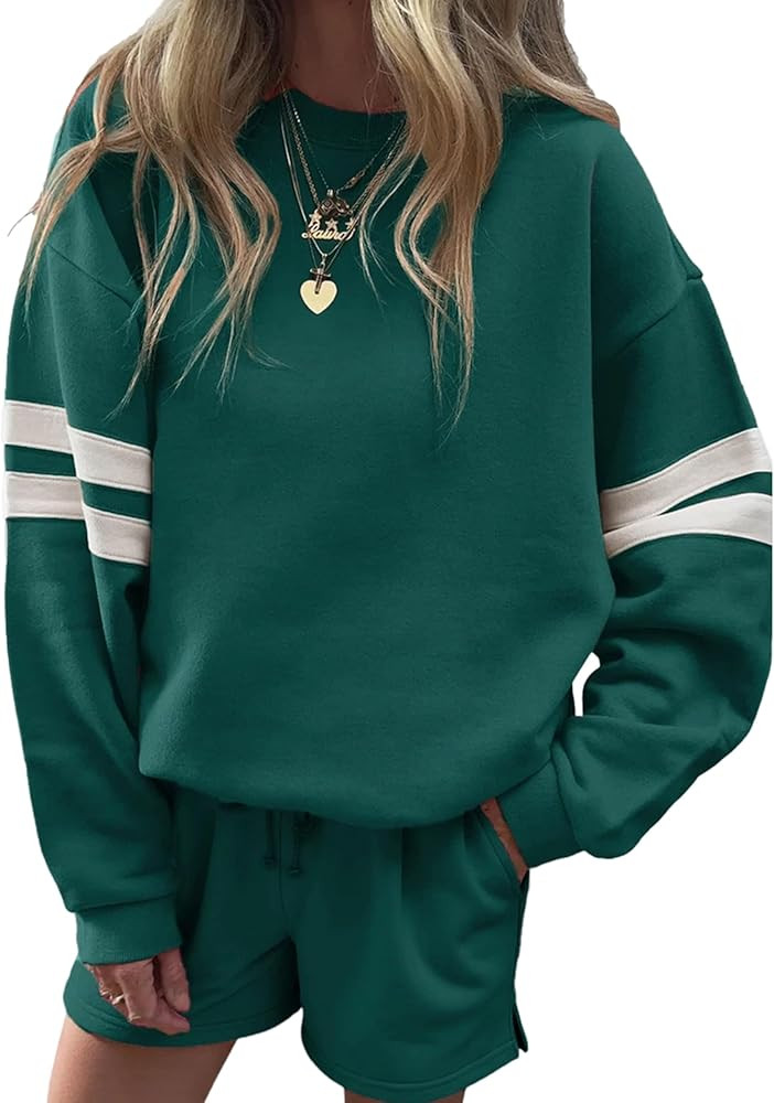 SELINK Women 2 Piece Outfits Sweatsuit Casual Long Sleeve Pullover and Shorts Sets Travel Tracksu... | Amazon (US)