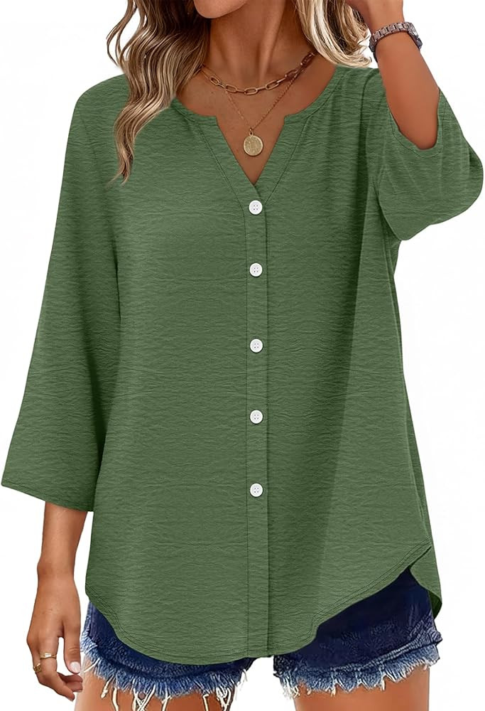 OFEEFAN Button Down Shirts for Women 3/4 Length Sleeve Tops V Neck Blouses Business Casual Outfit... | Amazon (US)
