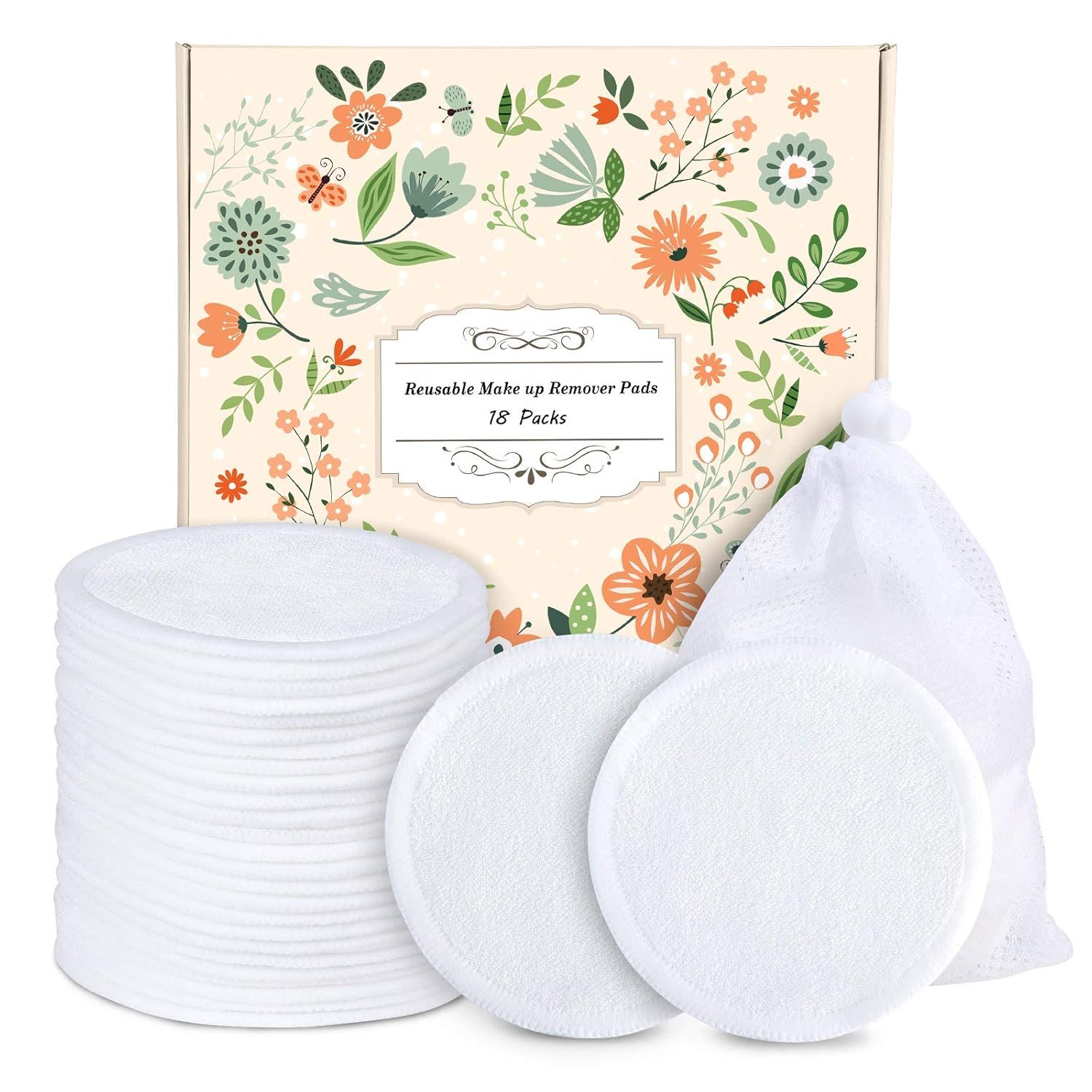 Reusable Cotton Rounds - 18 Pack 100% Organic Reusable Cotton Pads With Washable Laundry Bag Make... | Amazon (US)