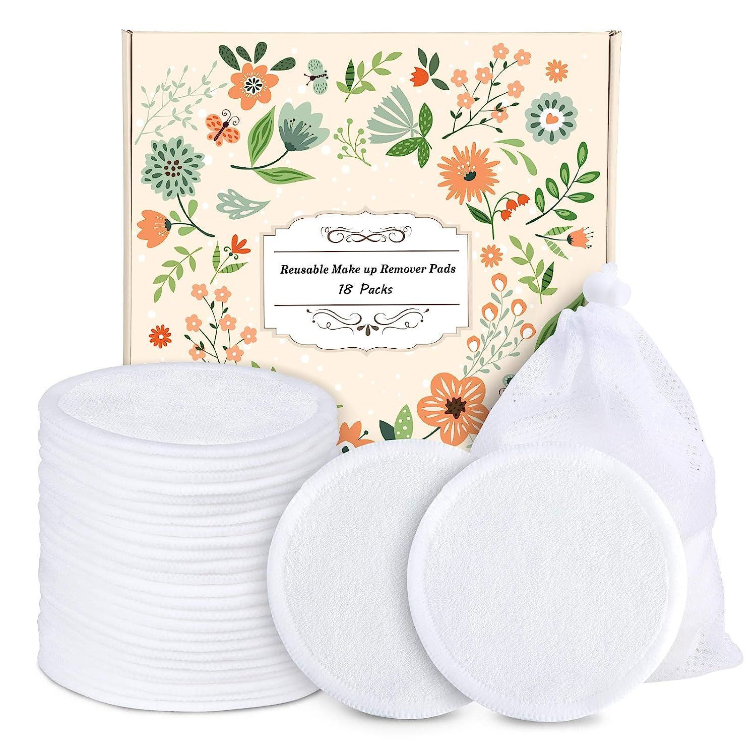 Reusable Cotton Rounds - 18 Pack 100% Organic Reusable Cotton Pads With Washable Laundry Bag Make... | Amazon (US)