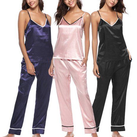 2PCS Women Silk Satin Pajamas Set Pyjama Sleepwear Nightwear Loungewear Homewear | Walmart (US)