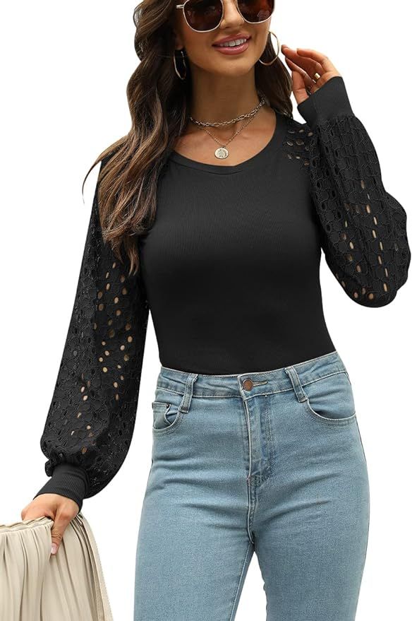 Women's Casual Long Puff Sleeve Bodysuits Round Neck Ribbed Slim Fit Knit Jumpsuit Blouse Tops Sh... | Amazon (US)