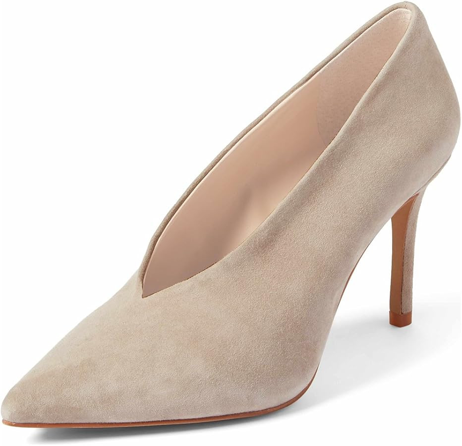 XYD Women's Fashion Suede High Heel Pumps Pointed Toe V Cut Slip On Dress Shoes | Amazon (US)