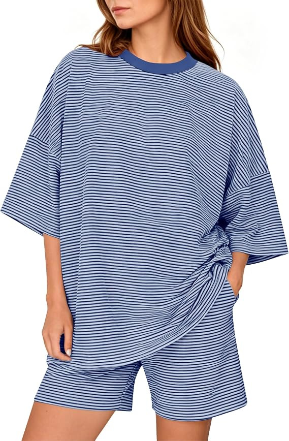 MSBESYOR Women 2 Piece Striped Lounge Set Short Sleeve Oversized T-Shirt Pjs Shorts Casual Matchi... | Amazon (US)