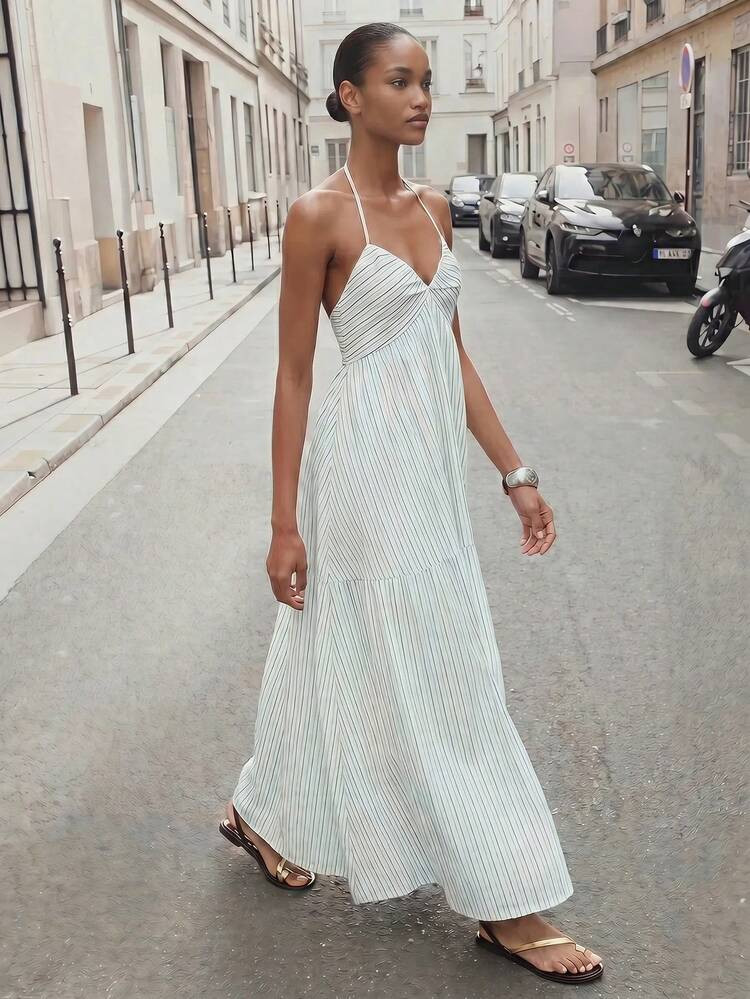Maija Women's Green And White Striped Backless Vacation Halter Dress,Autumn Casual Holiday Vacati... | SHEIN