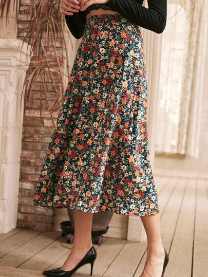 SHEIN Frenchy Saia rodada floral estampada por toda a parte 'Bridgerton' | SHEIN
