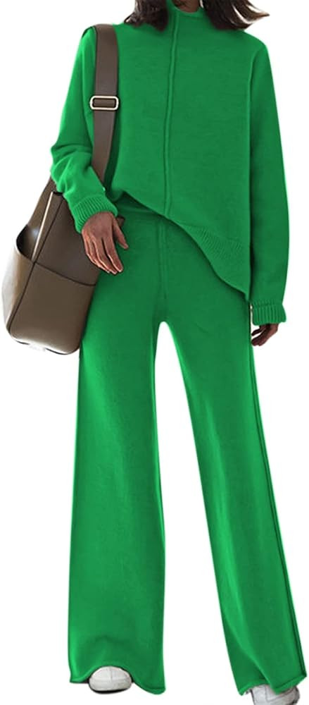 Linsery Women 2 Piece Sweater Sets High Neck Knitted Pullover Wide Leg Casual Sweatsuit | Amazon (US)